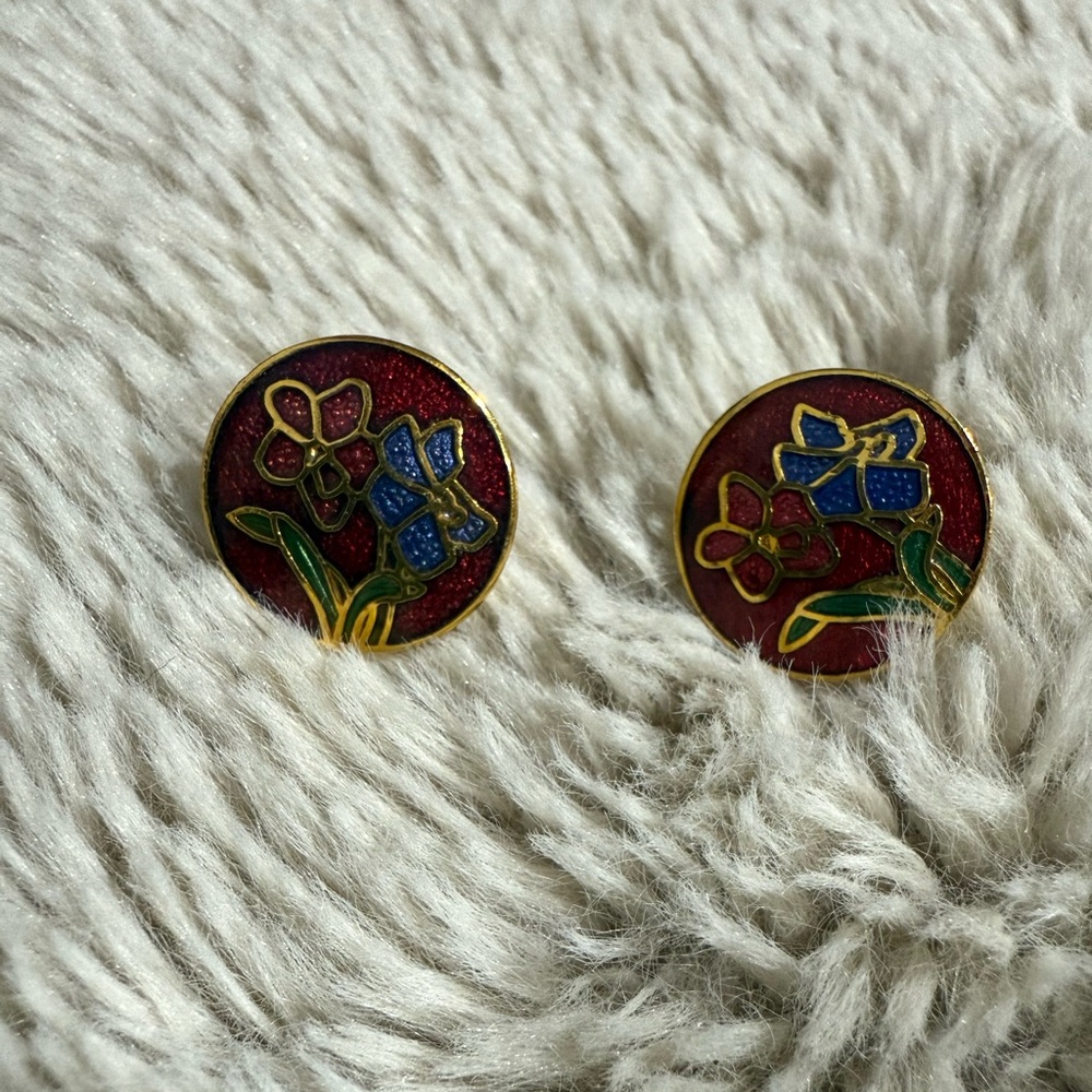 Vintage Cloisonné Enamel Floral Studs‎ Circle Shape Gold Tone Earrings Red Blue